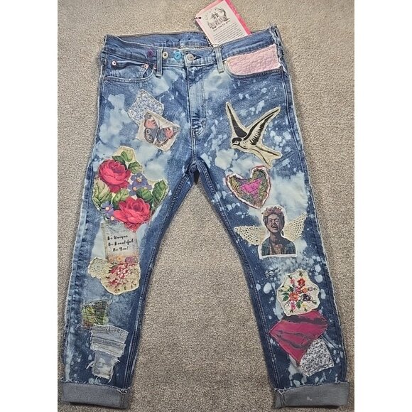 OOAK Magnolia Boho Reworked Levi Jeans Upcycle Boyfriend Indie Cat Adjusts 26-32 - Picture 1 of 16